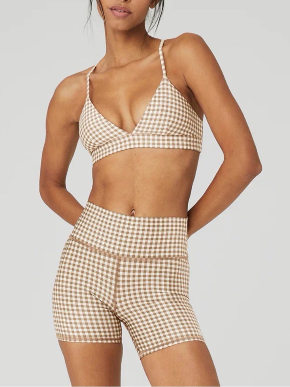 SOLD OUT Gingham High-Waist Bike Shorts Set - Cream/Beige